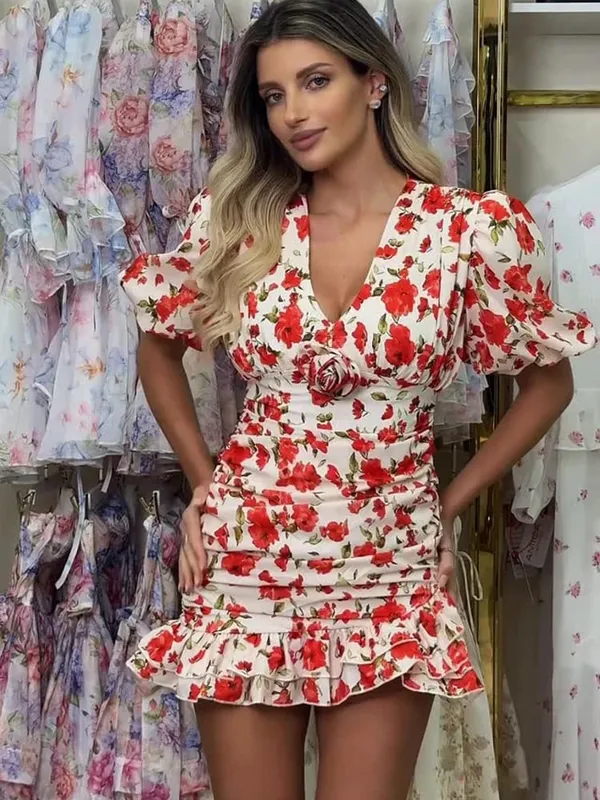 Collection Of Popular Printed Short Dress Deep V Neck A-line Bodycon Party Dresses 2026 Lady Spring Summer Vacation Outfits New