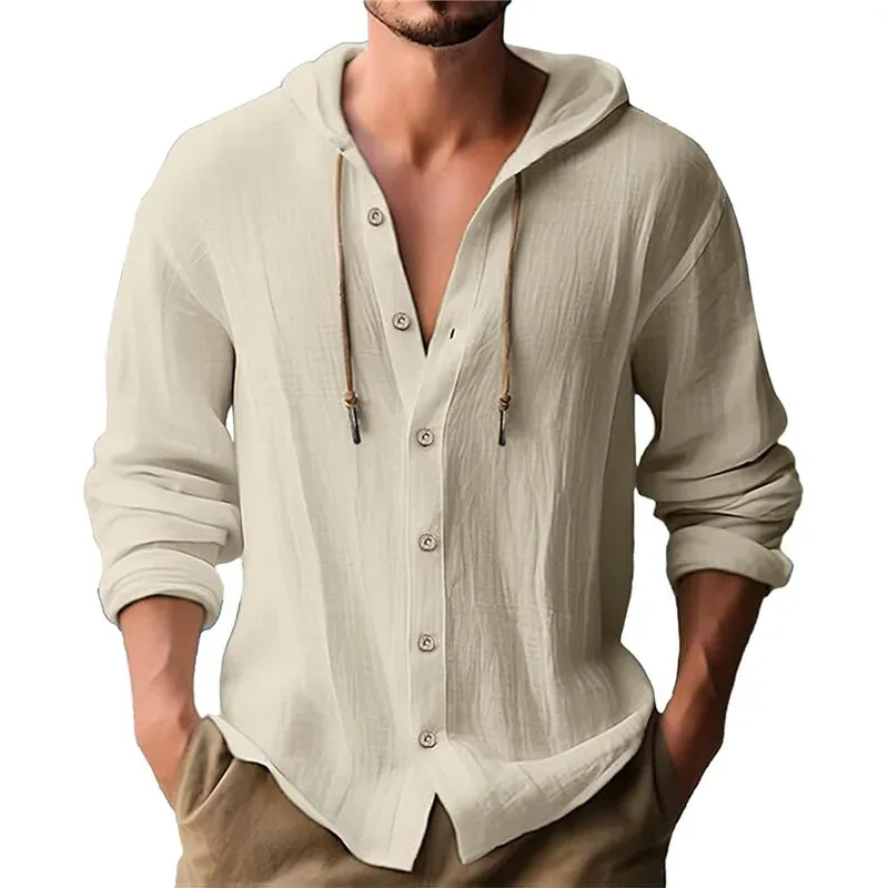 Men's Solid Color Casual Shirt Hooded Drawstring Cotton and Linen Cardigan Trendy and Versatile Loose Beach T-Shirt