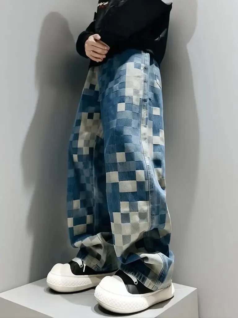 Y2k Streetwear Plaid Baggy Jeans Men Straight Wide Leg Loose Pants Fashion Hip Hop Washed Vintage Denim Pants Trousers