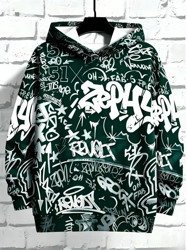 Europäische und amerikanische Herren Herbst Gothic Letter Graffiti Print Weiches und bequemes Kapuzenpullover Outdoor Street Top