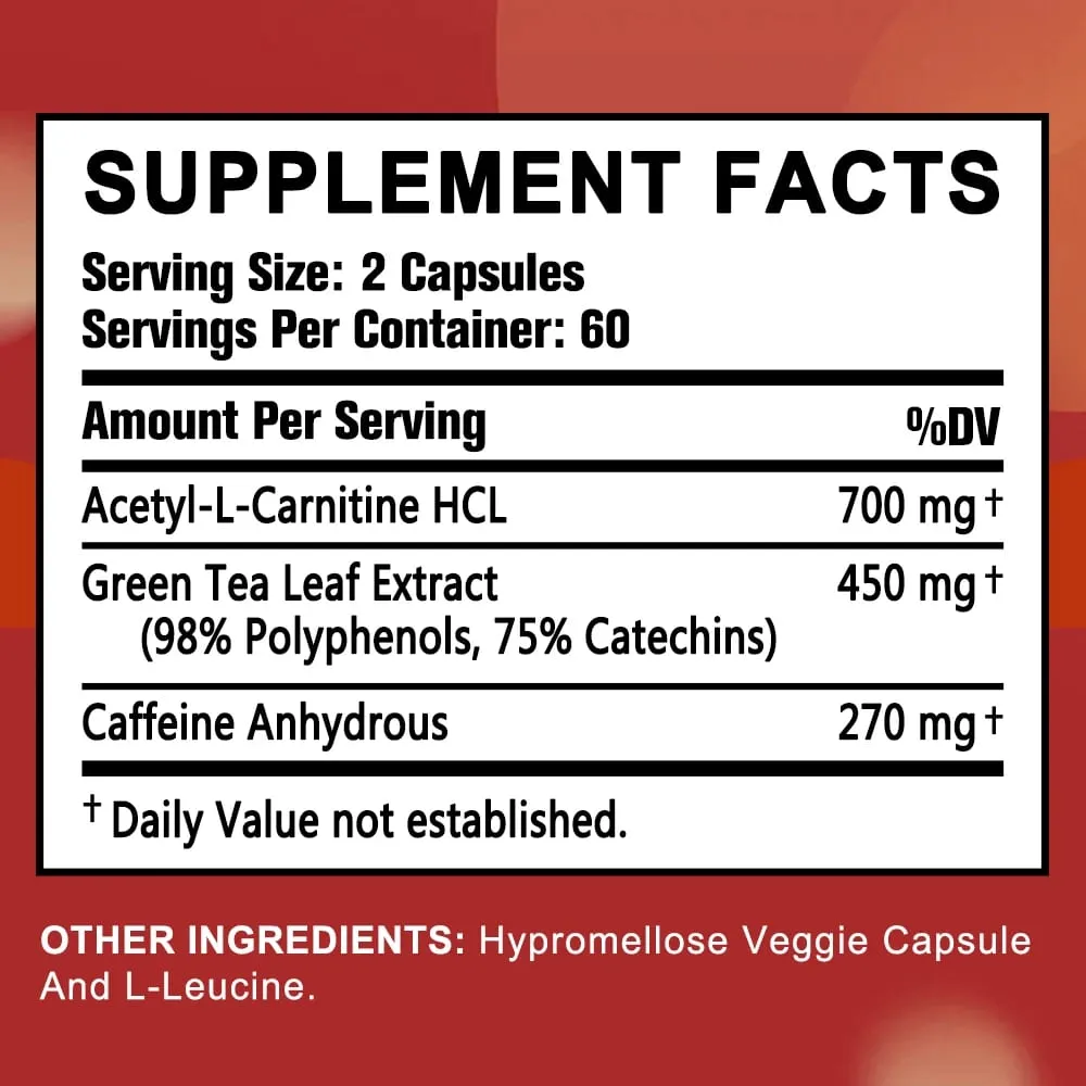 Acetyl-L-Carnitine Green Tea Extract and Caffeine Support Fat Burning Metabolism Improve Mood 30/60/120 Capsules