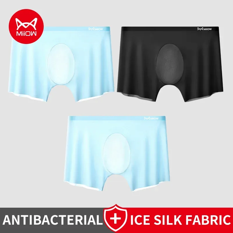 MiiOW 3Pcs Summer Ice Silk Men Boxer Underwear Breathable Antibacterial Men's Panties Thin Seamless Underpants Man Trunks Boxers