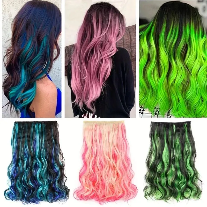 18Inch Synthetic Long Curly Hair Extension One Piece Highlight Rainbow Clip In Hair Extensions Fashion Hairpiece for Women