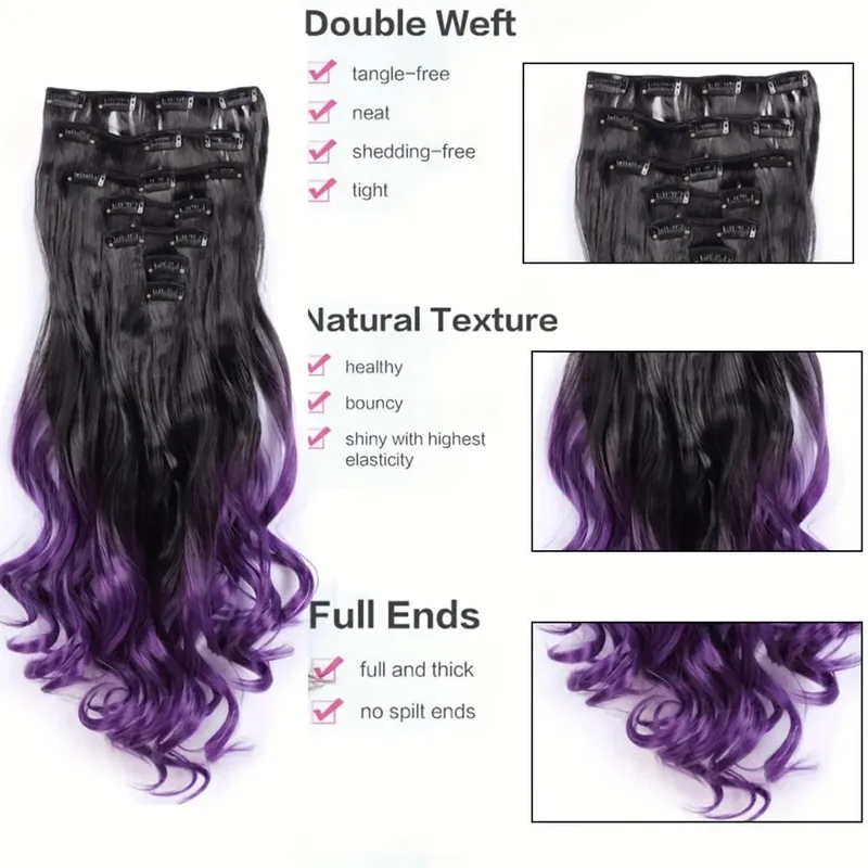 Clip in Hair Extensions Ombre Color Synthetic 7pcs Set Wavy Curly Hairpieces Black to Purple For Women Girls