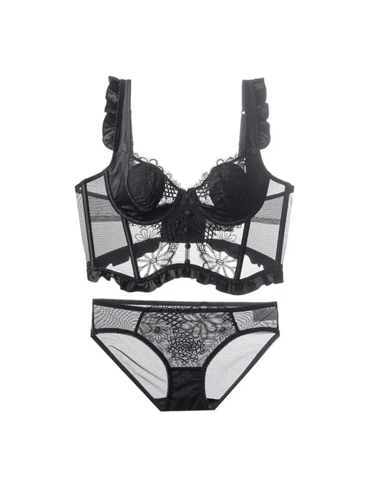 French Fishbone Lace Minimizer Bra Soft Underwire Open Back Lingerie Set for Women Sexy & Pure Push Up Bralette Anti-Sag