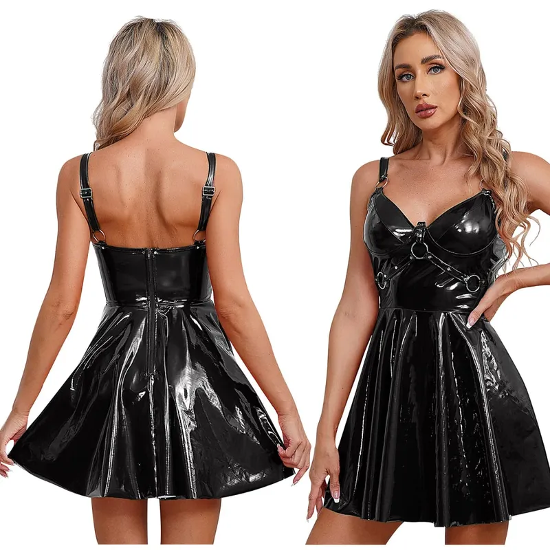 Womens Patent Leather Slip Latex Dress A-line Back Zipper Skater Mini Dress with O-Ring Rivets Wet Look Gothic Punk Clubwear