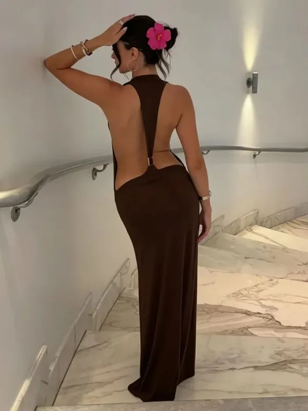 Solid Halter Backless Maxi-jurk met uitsnijding aan de zijkant Dames Stretch Jersey Vloerlengte Slanke bodycon-jurken Nachtclub Vakantiegewaad — image 10