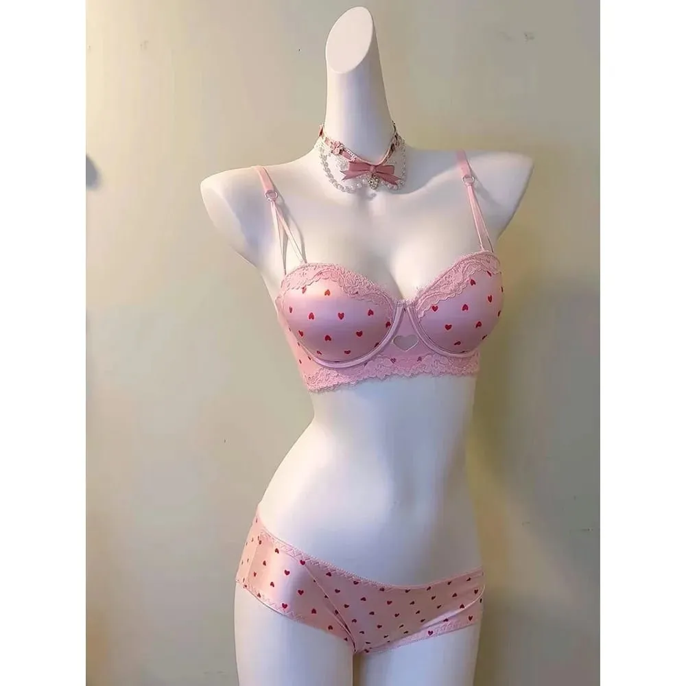 Set reggiseno in pizzo a cuore per ragazze dolci Lingerie push up sexy per seno piccolo Intimo con supporto laterale anti-cedimento 32‑38AB Set reggiseno