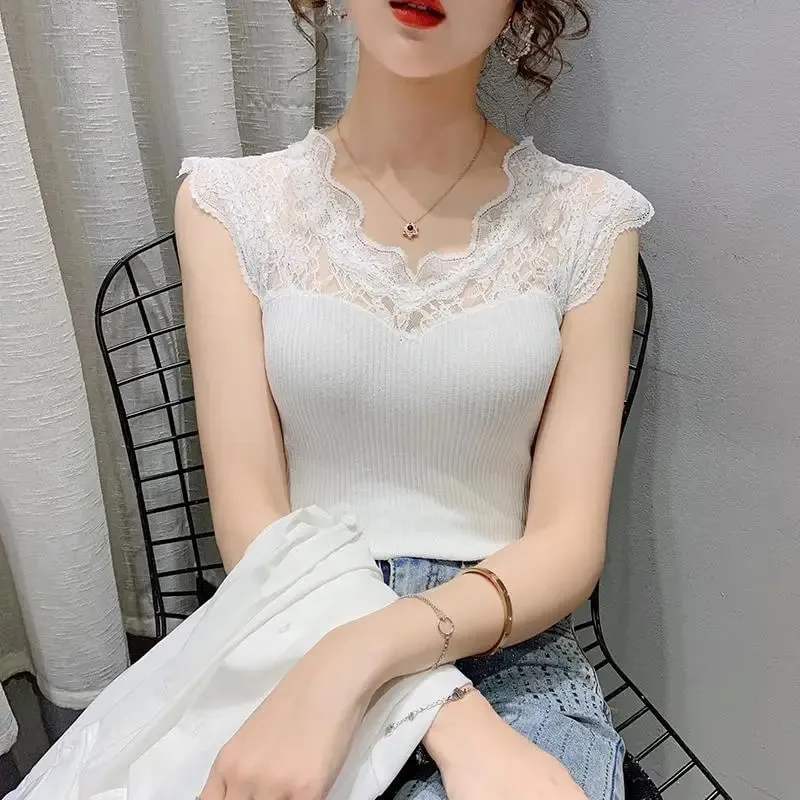Summer V-neck Lace Stitching Pullover Sleeveless T-shirt Women's See-through Ice Silk Vest Suspender Knitted Base Layer Women — image 10