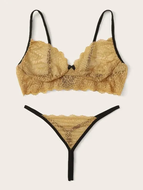 Sexy See through Lingerie Set with Suspender Transparent Bra And Panties for Young Women Fixed Strap Bralette Thin Cup Design