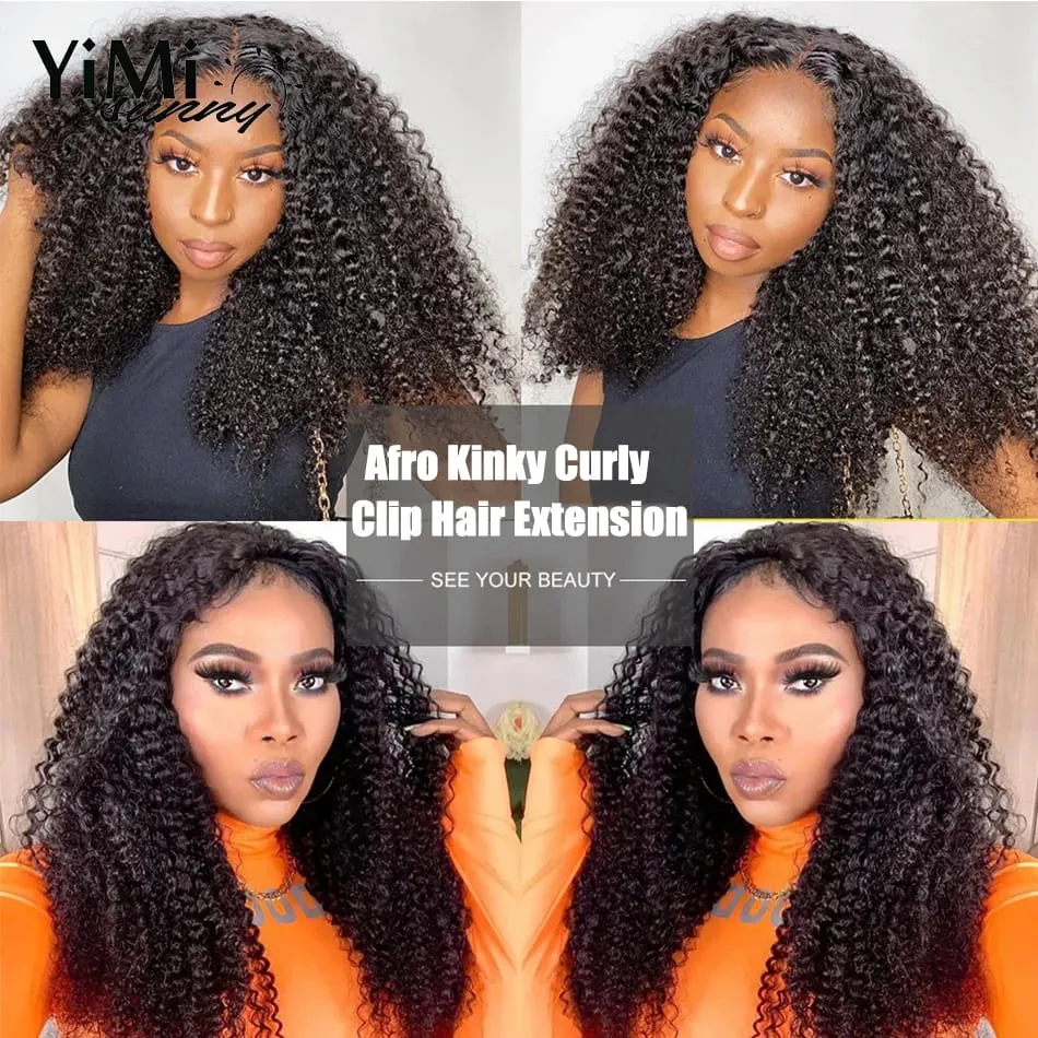 4B 4C Afro Kinky Curly Clip In Hair Extensions Mongolian Kinky Human Hair Clip Ins Extension 120G Full Head Add Volume and Long