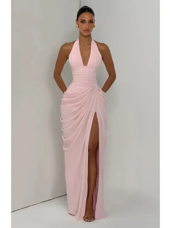 Women Fashion Solid Pleated Halter Dress Waist-cinching Sleeveless Backless Split Maxi Dresses 2026 Sexy Summer Lady Party Gowns