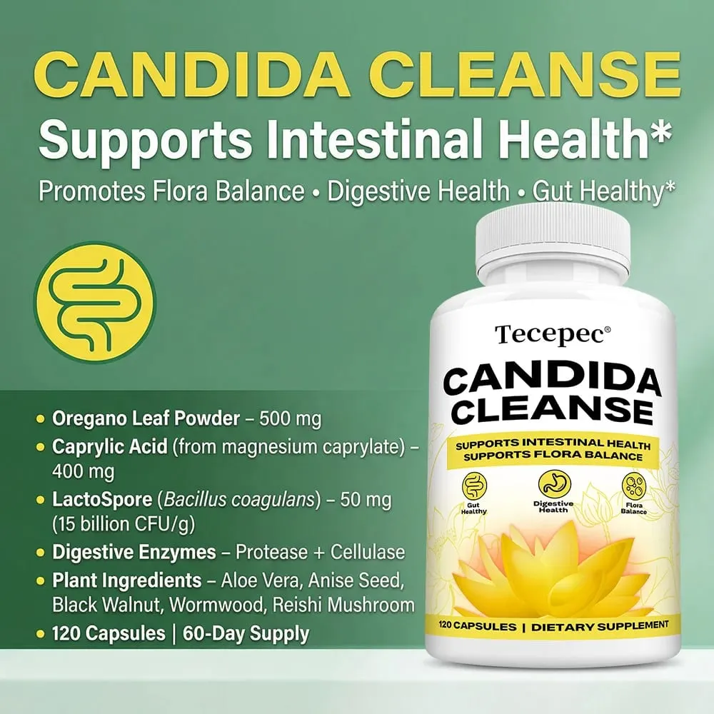 Candida Cleanse Capsules - Intestinal Colon Detox Gut Flora Balance Supports Digestion Relieve Bloating Antioxidant Supplement