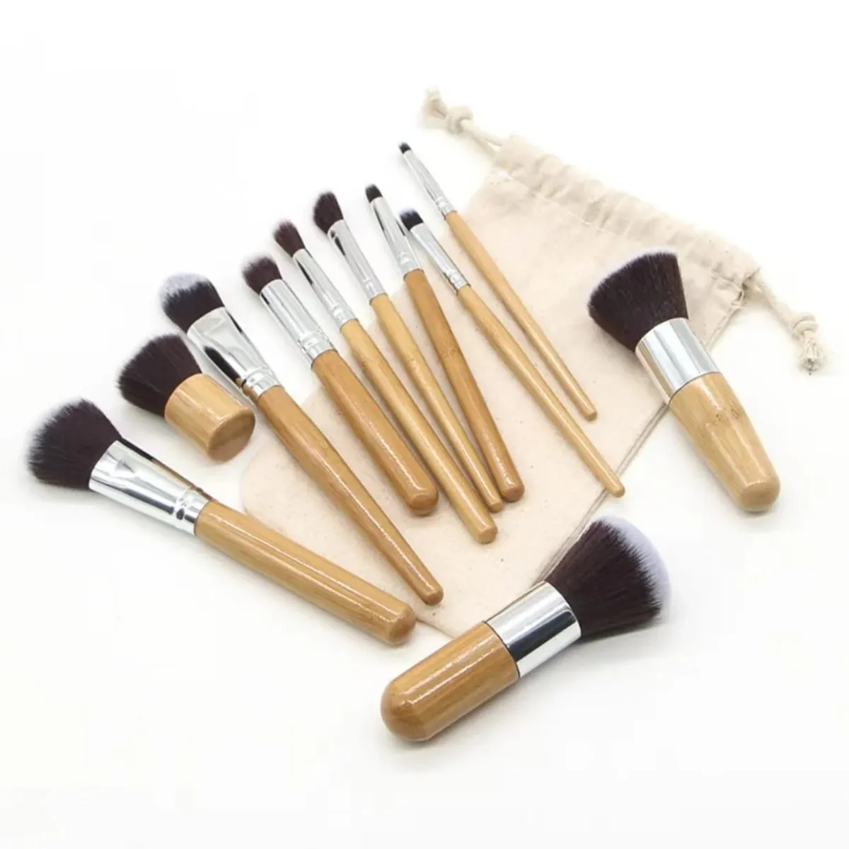 11pcs Natural Bamboo Handle Makeup Brushes Foundation Blending Make Up Tool Set With Cotton Bag — image 3