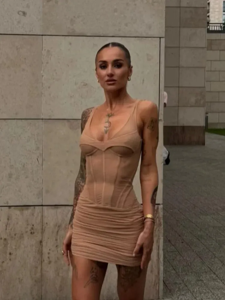 Sexy Solid Fishbone V-neck Dress Women Elegant Solid Sleeveless Pleated Slim Waist-cinching Mini Dresses Summer Party Gown 2026