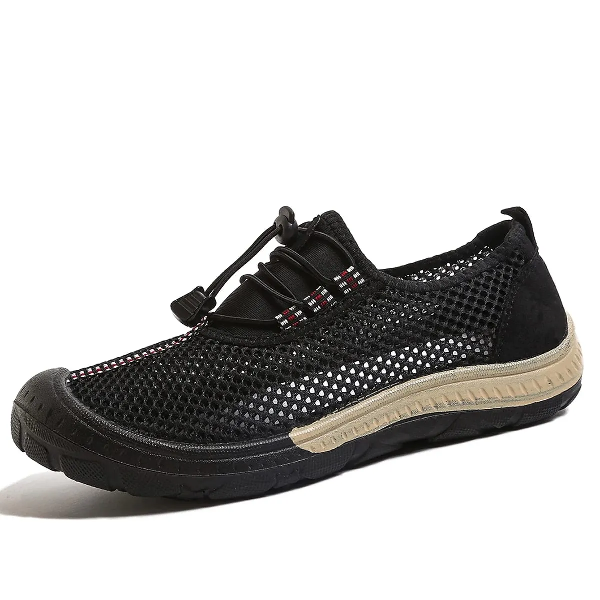 Sapatos masculinos de malha oca com alternância rápida, tênis para caminhada com listras e costura, touca de borracha grossa envolta em sapatos casuais para uso ao ar livre