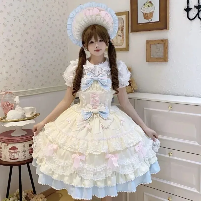 Y2K Sweet Lolita Jks Strap Dress Women Solid Ruffle Lace Bow Patchwork Kawaii Princess Ball Gown Knee-Length Elegant Party — image 5