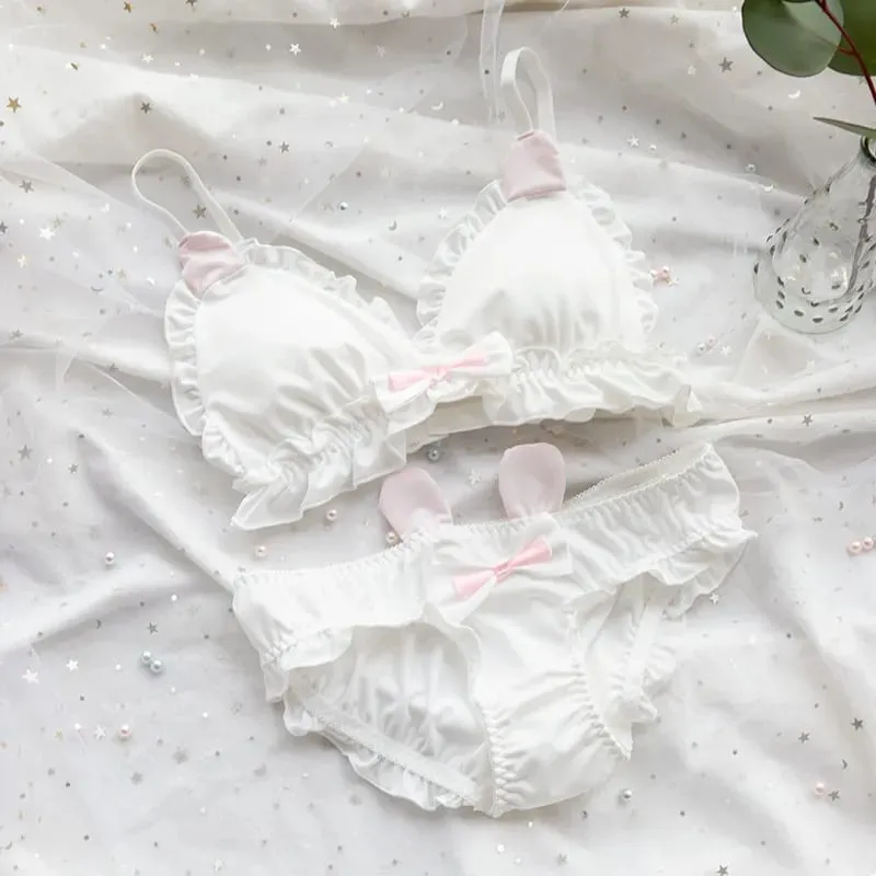 Japansk mjuk tjej-bh-set söt kattunge tassdesign mjölk sidentyg trådfri triangulär kupa damunderkläder