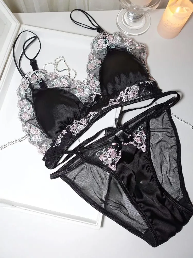 Girls French Bra Thin Triangle Cup Purple Embroidery Light Luxury Silk Sexy Pure Desire Lace Underwear Set