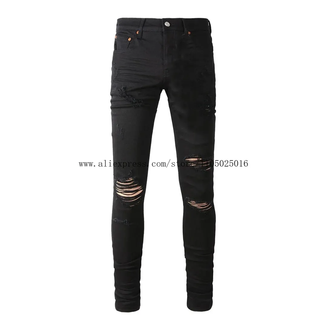 High Street Brand Men's Jeans American Distressed Coated Blank Stretch Skinny Button Fly Ripped Pants Trousers