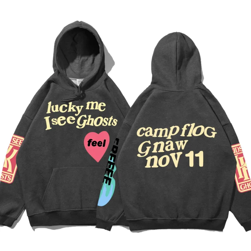 Graffiti Letter Printed Loose Hooded Kanye Sweatshirts Men Oversized Fleece Luck Me I See Ghosts Hoodie Unisex Pullover Hoody — image 7