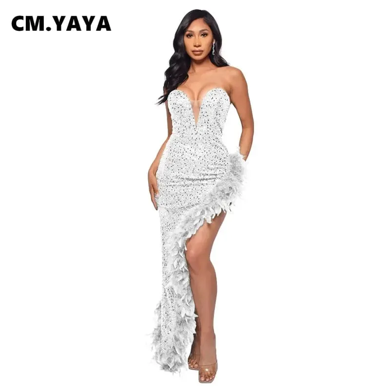 CM.YAYA Women Sequined Strapless Feather High Side Split Strapless Bodycon Midi Maxi Dress Sexy Club Even Party Dresses Vestidos