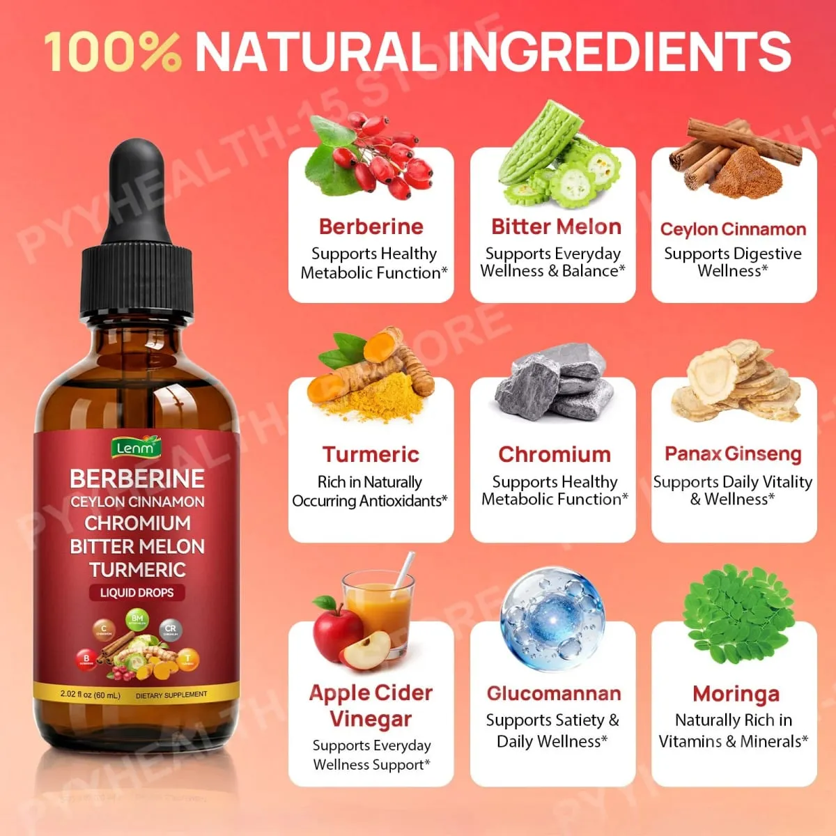 Lenm Berberine Liquid Drops with Ceylon Cinnamon Chromium Bitter Melon Turmeric for Metabolic Wellness Support 60ml 30 Servings