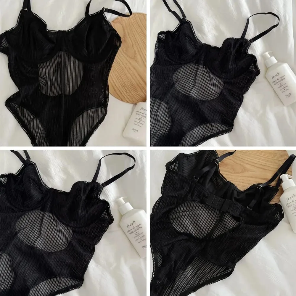 Mesh Halter Neck Bodysuit for Women Sexy Black Lace Lingerie Set Breathable Underwear Bra