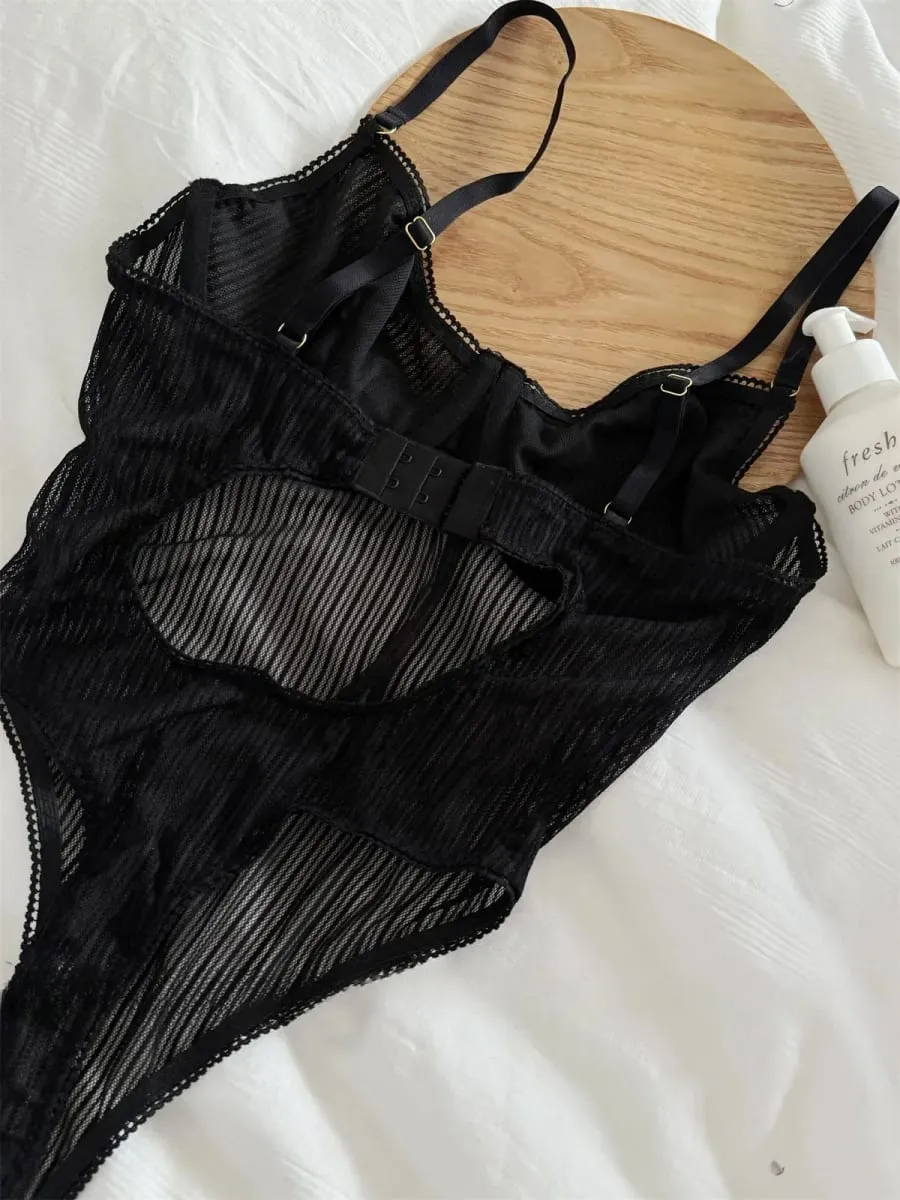 Mesh Halter Neck Bodysuit for Women Sexy Black Lace Lingerie Set Breathable Underwear Bra