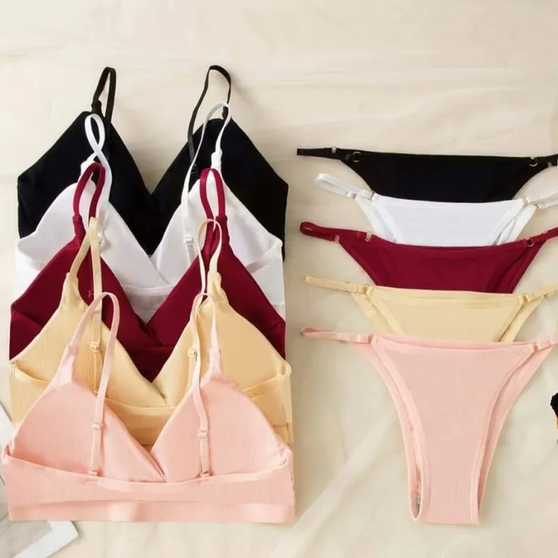 Women Ribbed Triangle Bra And Panties Set Wireless V Neck Thin Strap Bra Low Waist Briefs Ladies Removable Pads Lingerie Set