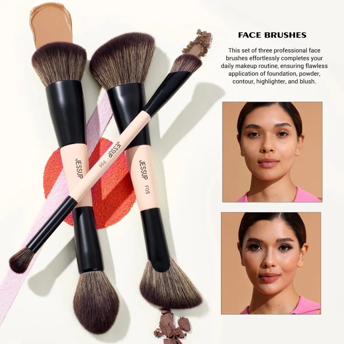 Jessup Makeup Brushes Set 3/5/7pcs Double Sided Makeup Brush Foundation Eyeshadow Powder Blending Cruelty-Free Peach Dust T600