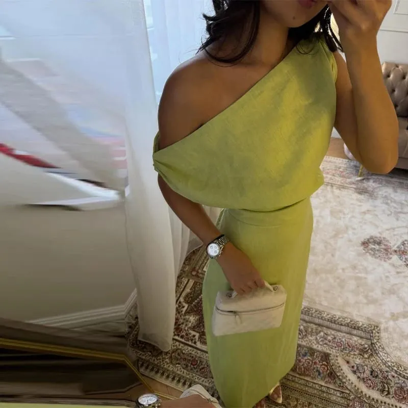 Off-shoulder Linen Maxi Dresses Pambabaeng Slim Waist-cinching Hip-wrap Ankle-length Dress 2026 Bagong Ladies Summer Solid Outwear