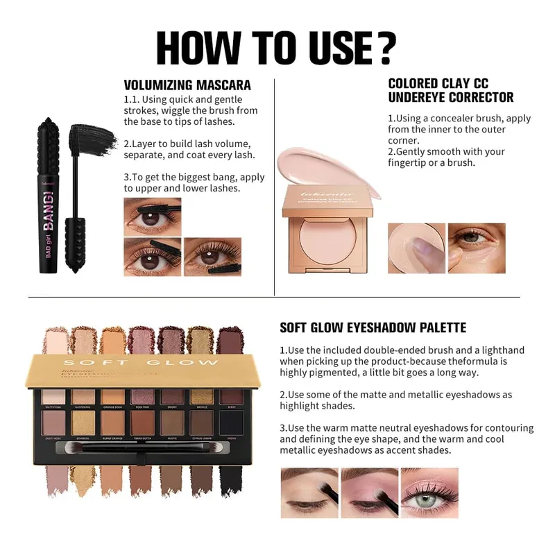3ks/set CC Full Coverage Color Corrector Glow Palety očních stínů Volumizing Mascara Lasting Beauty Eyes Makeup Kit — image 7