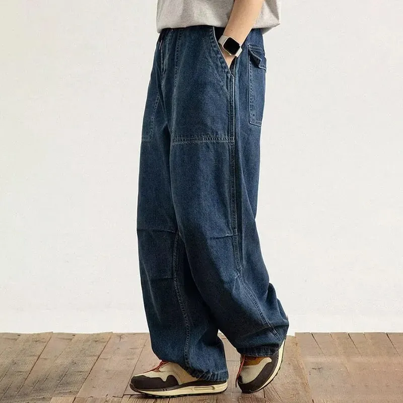 Spring And Autumn Japanese Style Oversized Straight Leg Jeans Loose Drawstring Workwear Pants Wide Leg Pants Men'S Pants