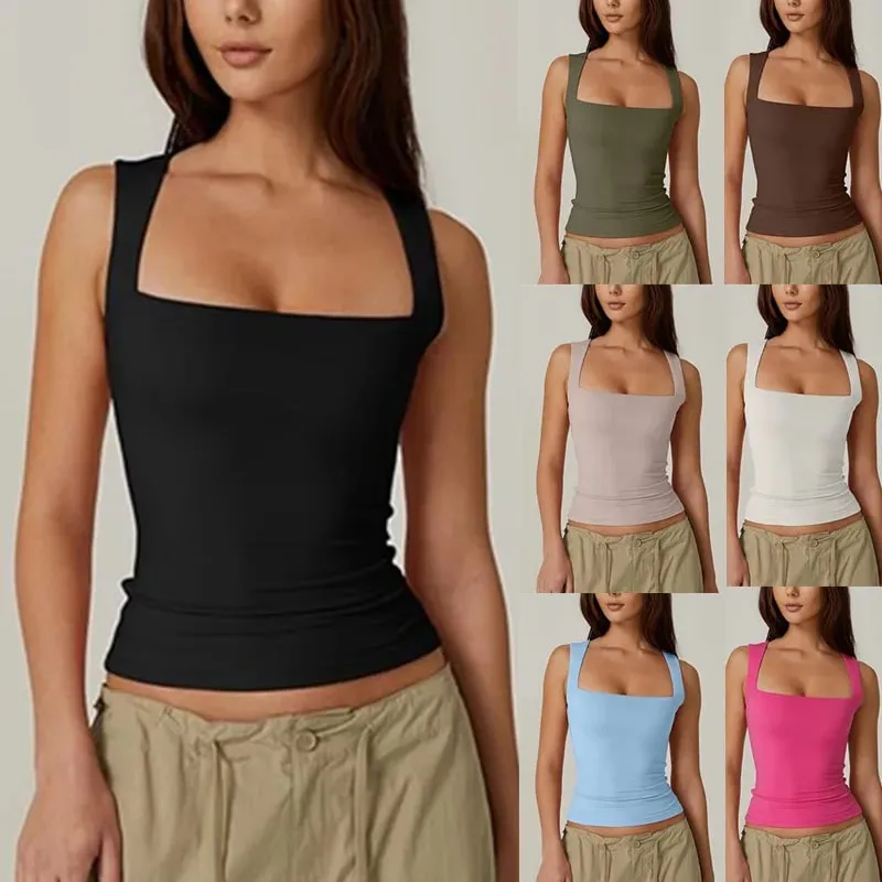 2026 Summer Women's Square Neck Sleeveless Double Layer Tank Top Basic Tight T-shirt Y2k Goth Tank Top Women Crop Tops