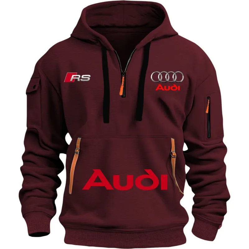 เสื้อผ้า Sporty Audi เหมาะสำหรับผู้ชาย ชุดปั่นจักรยานสไตล์กีฬากลางแจ้ง เสื้อสเวตเตอร์มีฮู้ดพิมพ์ลายสตรีทพร้อมปีกหมวก