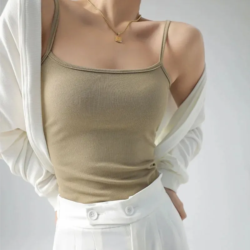 Summer Basic Tanks Spaghetti Strap Camis Solid Stretch Tops for Women Sleeveless Slim Fit Basic Solid Knitted Camisole — image 11