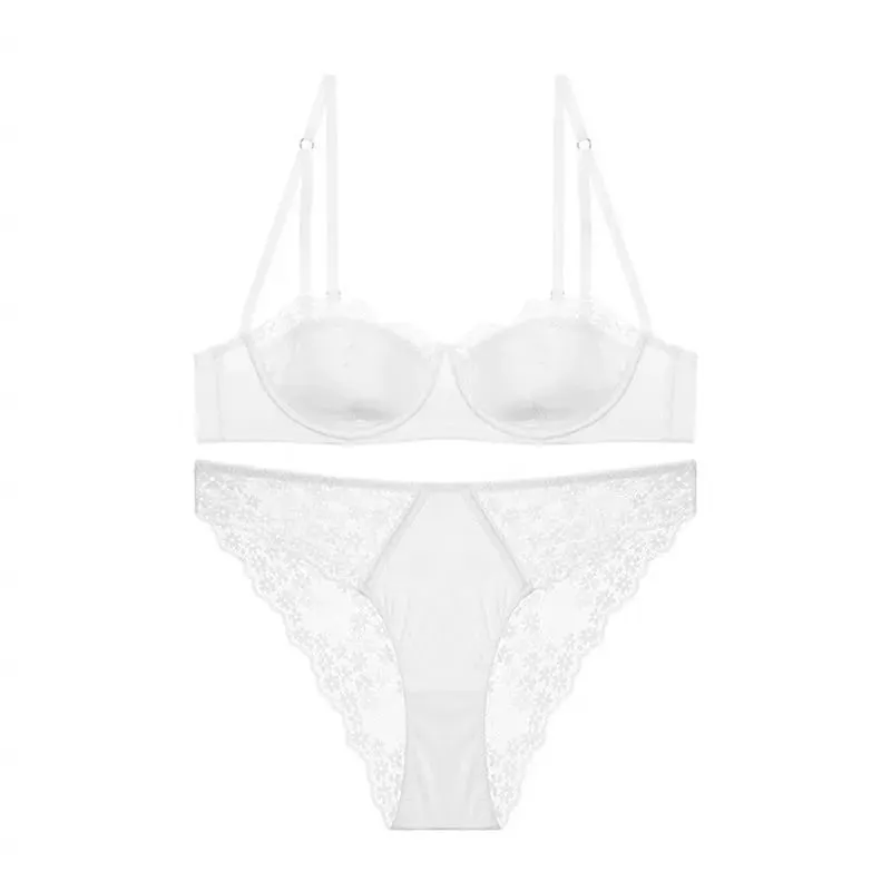 Women Half Cup Lace Bra Set Thin Underwire Minimizer Bra Sexy Push‑Up Anti‑Sag Side Support Hide Armpit Fat Lingerie — image 11