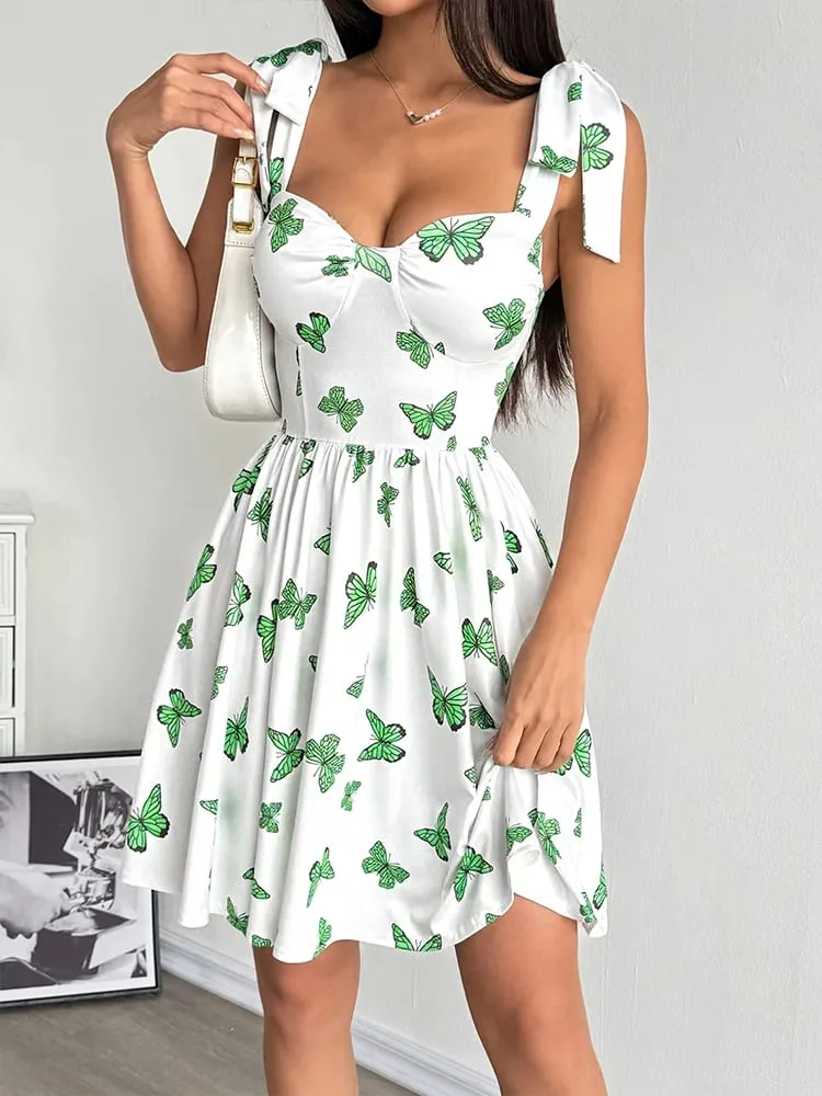 Summer New Women Dresses Streetwear Fashion Butterfly Print V-Neck Dress Sexy Female Backless Knitted Dress Casual Slim Clothing