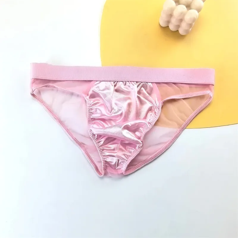 Cuecas masculinas de seda de cetim brilhante sexy cuecas de malha transparente calcinha masculina respirável de secagem rápida