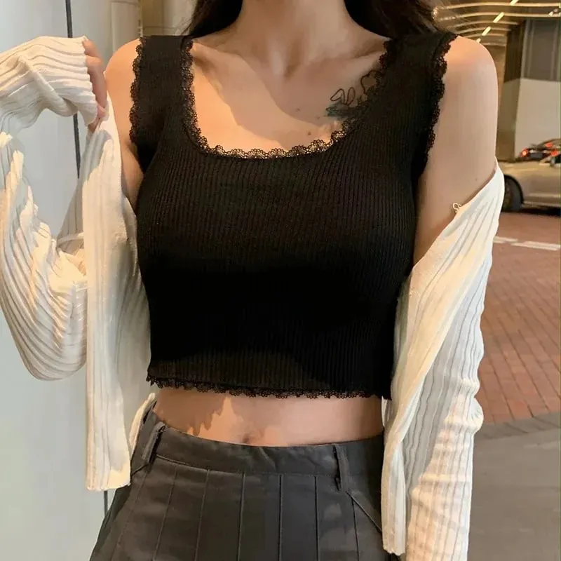 Tank Tops Women Plain Lace Up Crop Tank Top For Women Basic Solid Sexy Crop Tops Square Neck Plain Crop Tops