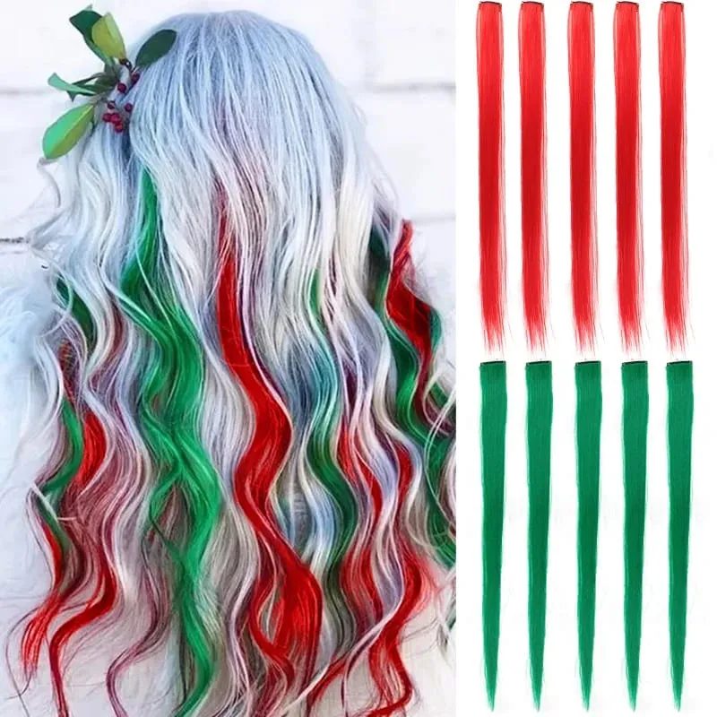 10Pcs Synthetic Colored Clip in Hair Extensions Hairpiece Party Highlights Straight Hair wig for Girls Kids Christmas Party Use