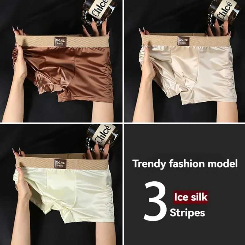3PCS/Pack Luxury Ice Silk Satin-like Men's Panties Super Soft Boxer Homme Cool Breathable Comfortable Man Underwear Underpants