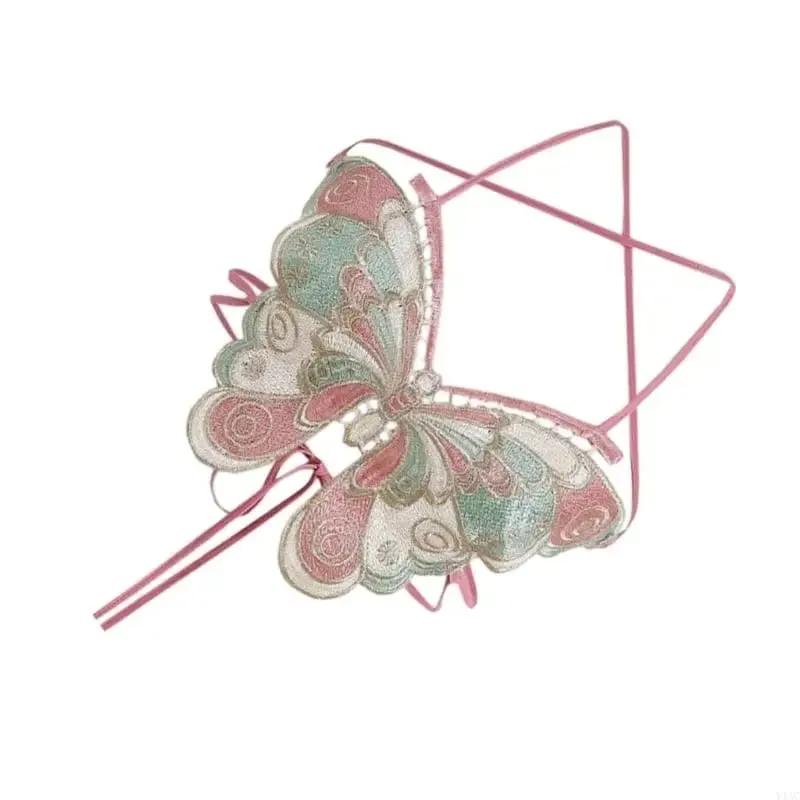 Y1AC Women Strappy Backless Beach Crop Top Butterfly Embroidery Halterneck Camisole