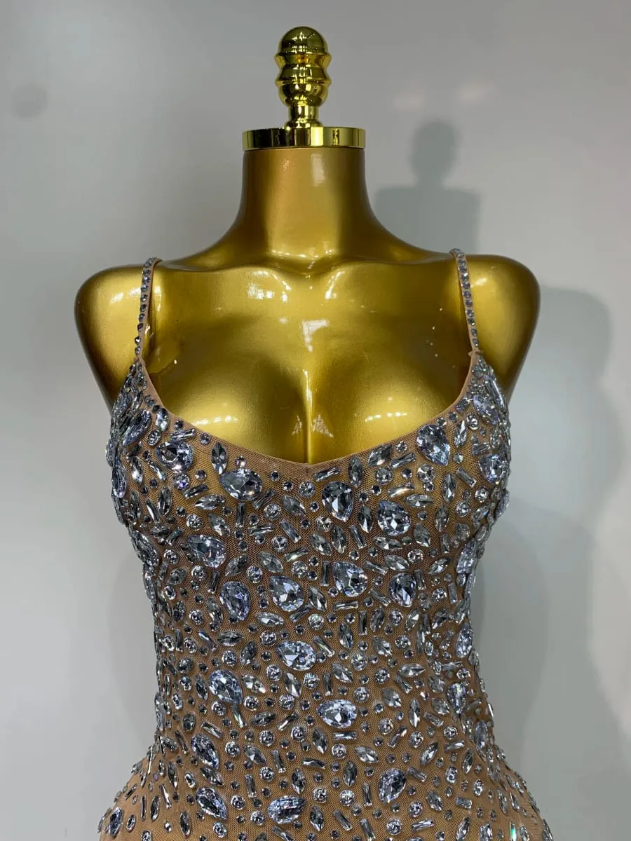 Luxury Rhinestones Sexy Mesh See Through Bodycon Dress Women Birthday Evening Cocktail party Gown Red Carpet Club Stage Outfit — image 5
