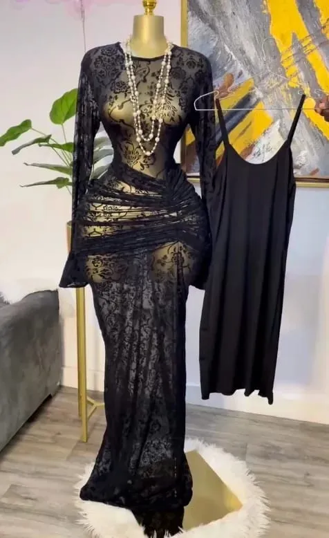 CM.YAYA 2025 Women Long Sleeve Ruched Mesh See Though with Lining Bodycon Long Dress Fall Evening Birthday Sexy Party Dresses