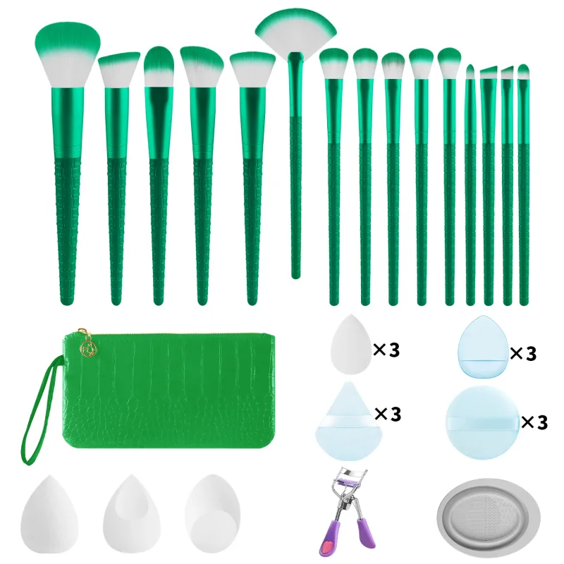 33Pcs All In One Makeup Tools Set 15 Brushes Beauty Sponges Powder Puff Eyelash Curler With Storage Bag For Full Face Makeup