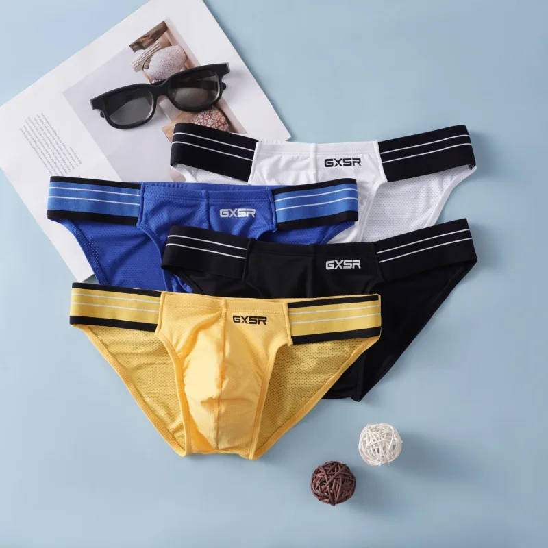 Solid color splicing side waist high fork men's briefs threaded ice silk fashionable low waist men's underwear