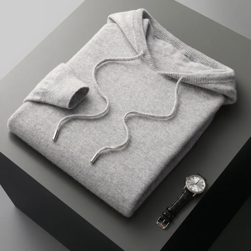 Men's 100% Merino Wool Sweater Hooded Collar Knitted Pullover Sweatshirt Autumn Winter Casual Large Tops Long Sleeved