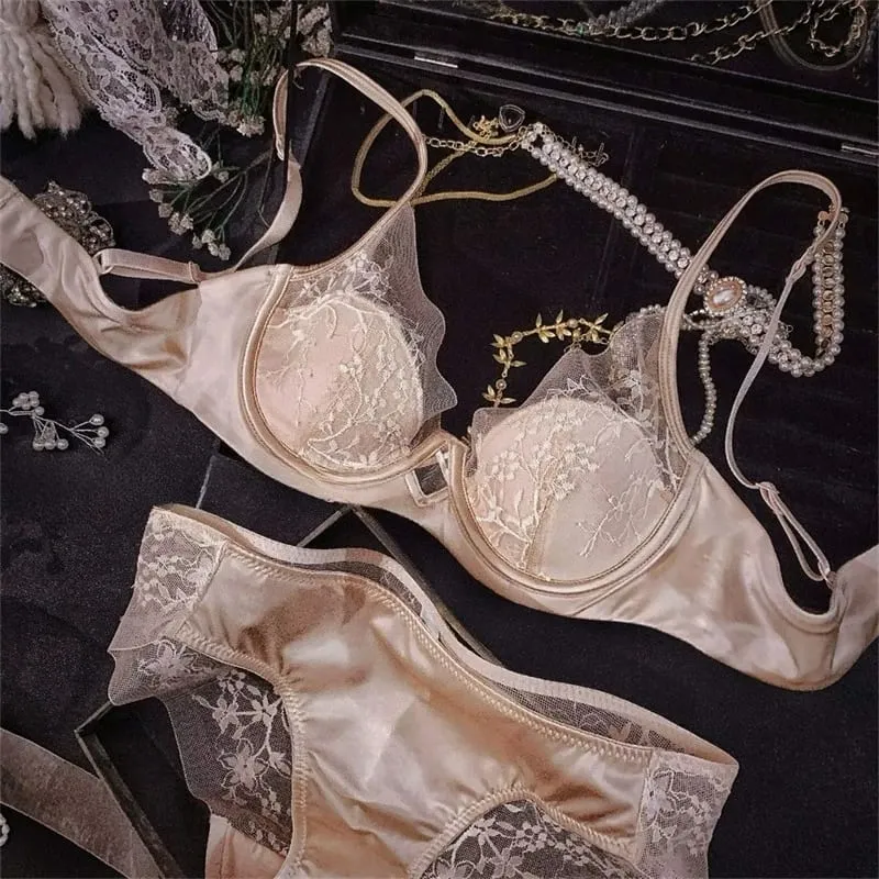 Set Lingerie Renda dan Satin Gaya Perancis, Bra Tali Dapat Disesuaikan & Bantalan Tipis Kawat Lembut Nyaman Pakaian Dalam Anak Perempuan Muslim